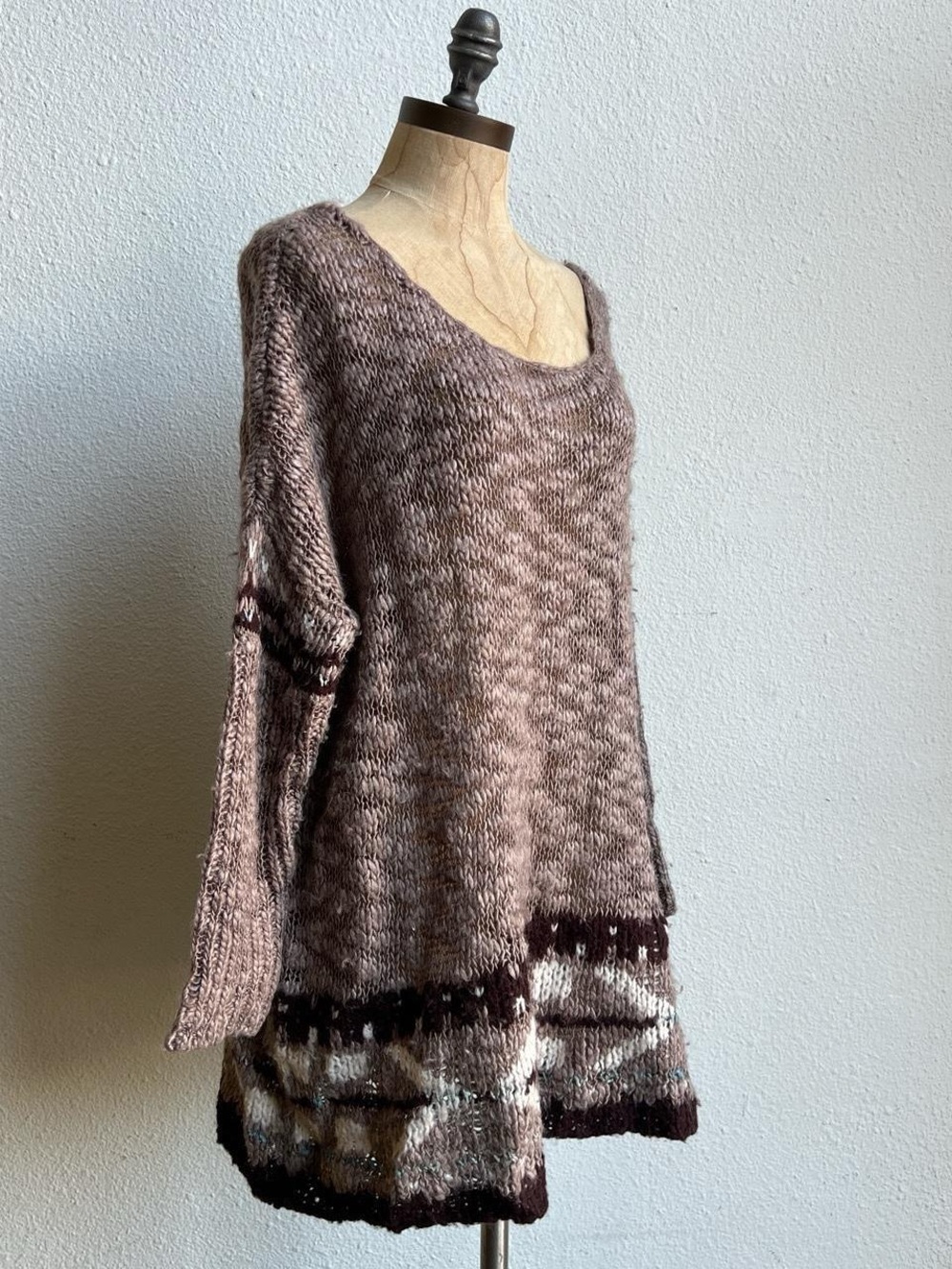 Free People Taupe and Brown V-Neck Knit Sweater